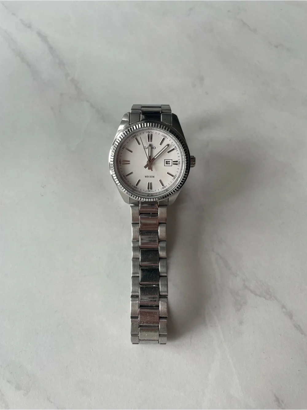 Casio Silver and White Women's Stainless Steel Watch